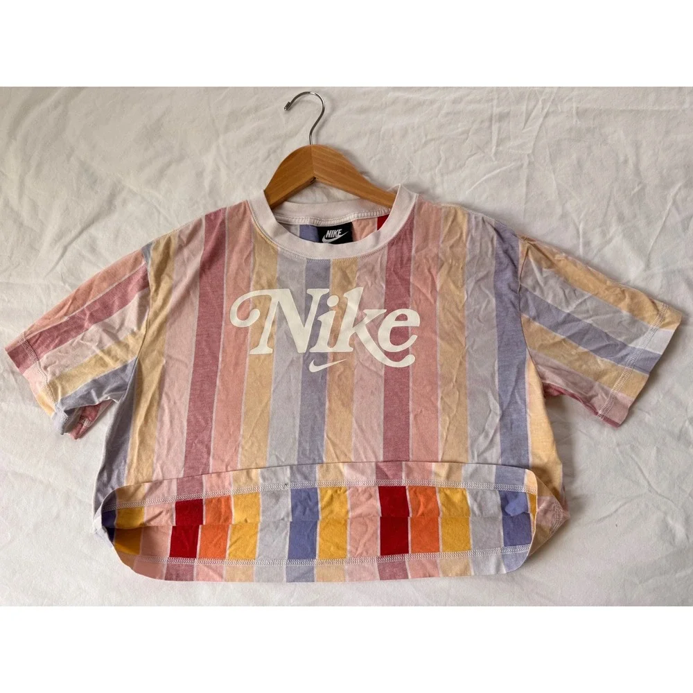 Nike Striped Crop Top Womens Pastel Multi Color Script Logo Cotton Tee small